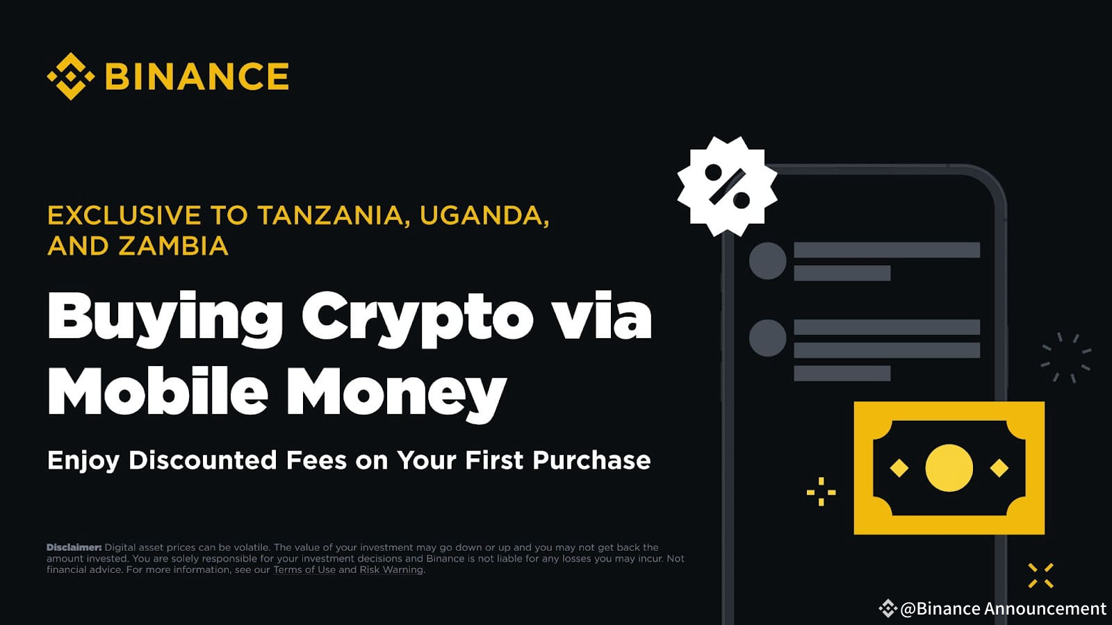 Enjoy Discounted Fees on Your First Crypto Purchase with Mobile Money in  Tanzania, Uganda, and Zambia! | Binance Announcement on Binance Square