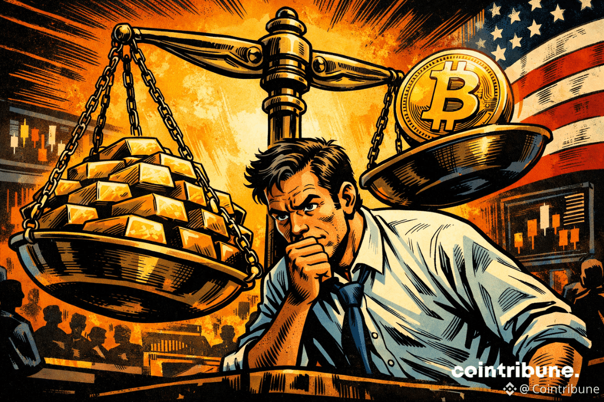 Investisseur hésitant face à une balance opposant or et bitcoin