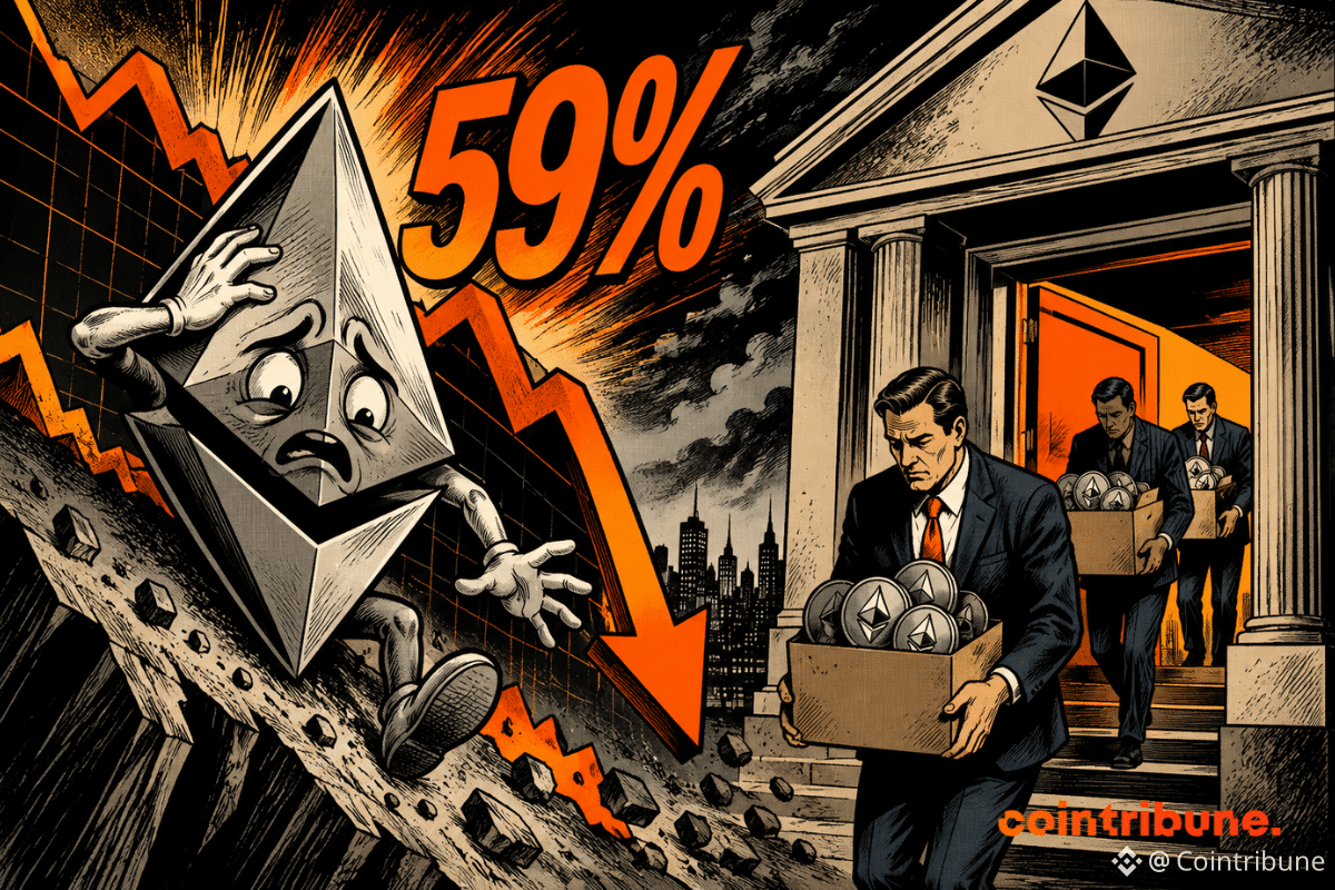 Illustration montrant la chute de 59 % de l’Ether, avec un graphique descendant et des investisseurs transportant des boîtes d’Ethereum.