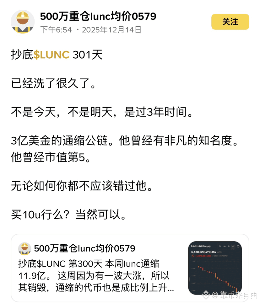 LUNC 不在我的主仓与副仓里边，但我Jio得这个的信仰值得支持，每天10U，跟着500万总一起建设LUNC。 兴许| 靠币来自由