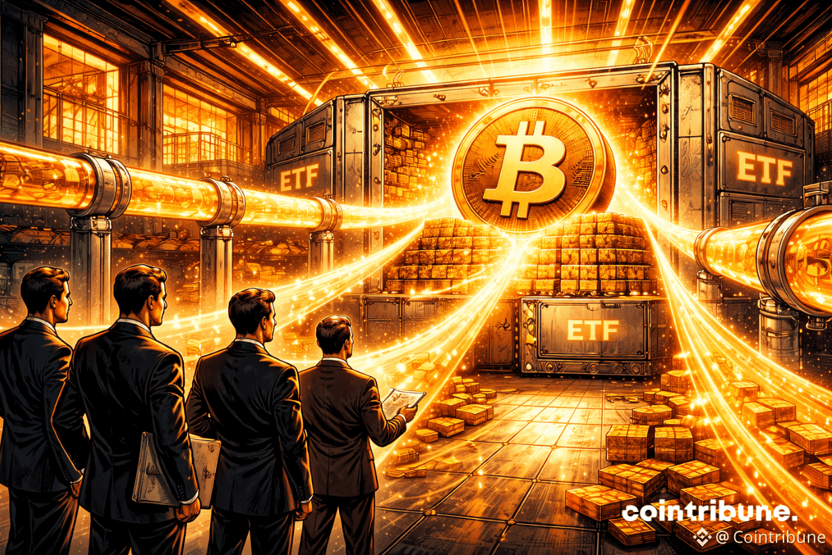 Dans une grande salle institutionnelle. Plusieurs flux lumineux convergent vers un coffre ETF contenant un Bitcoin massif. Des investisseurs institutionnels observent calmement.