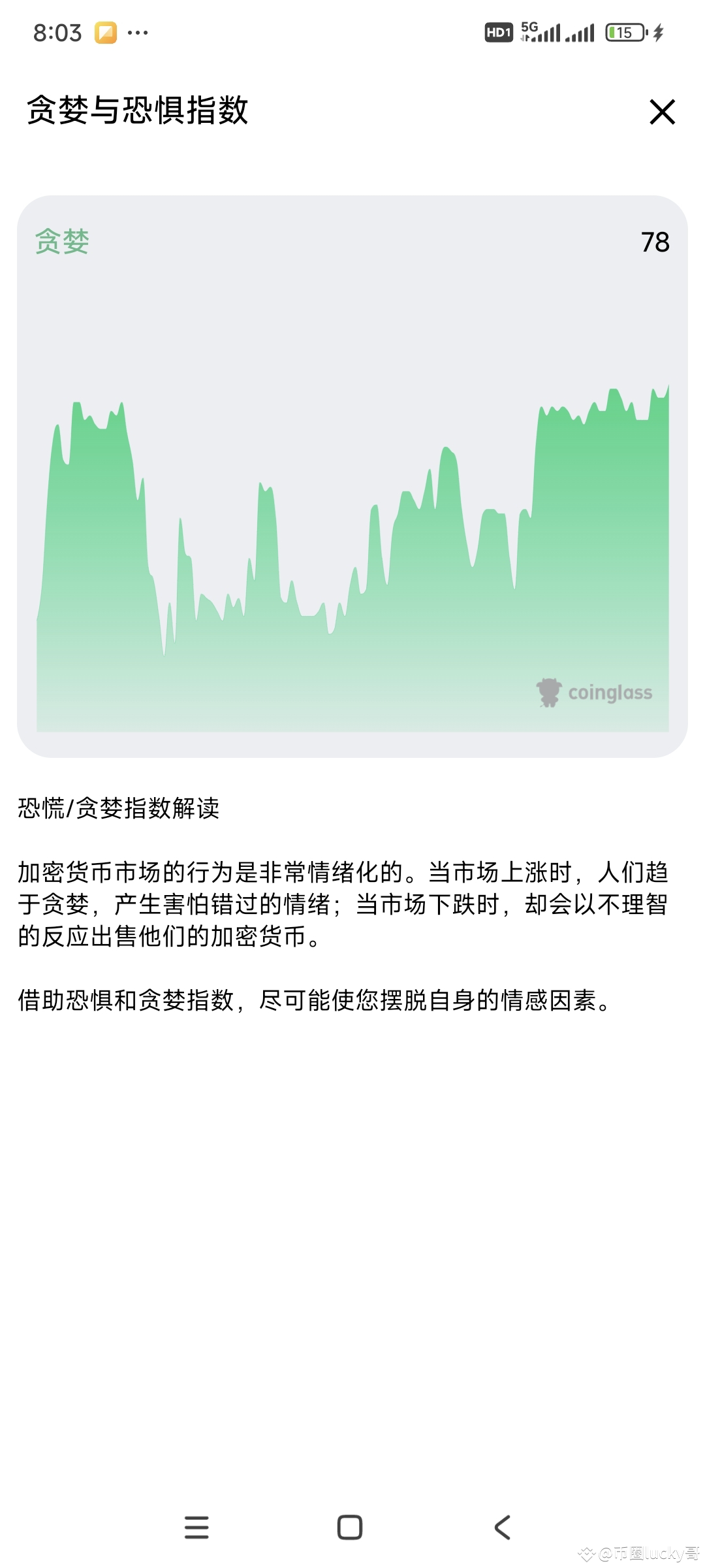 比特币的价格达到了八万，贪婪指数也78了，此时此刻作为一个空军我的心中没有一点点的贪婪，唯有无尽的恐惧啊。听着广场上各色|