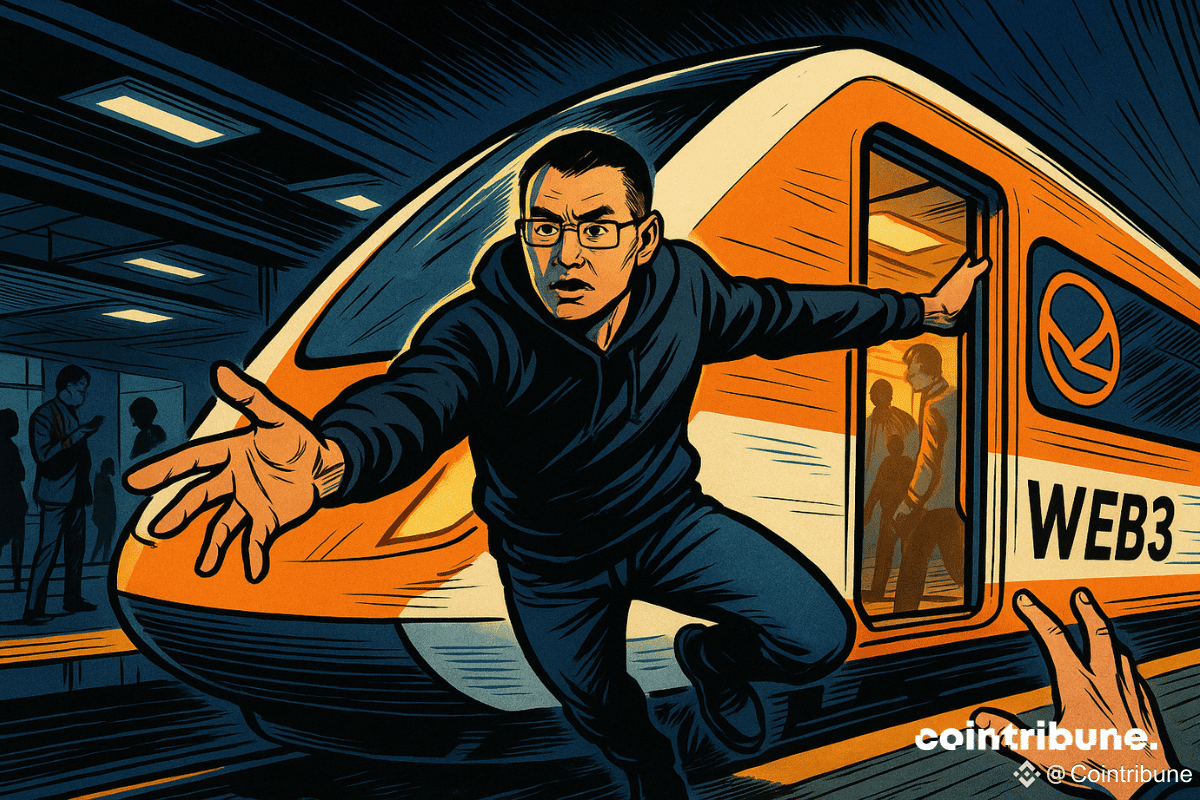 L'ancien patron de l'exchange crypto Binance, CZ, sur le marchepied d’un train « Web3 » en départ.
