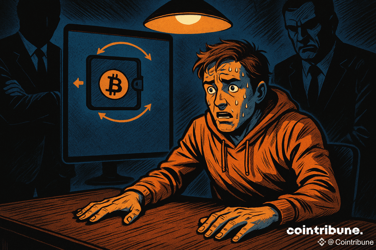 Un entrepreneur crypto en sueur subit un interrogatoire tendu sous une lumière crue, entouré de deux silhouettes menaçantes. À l’écran, un portefeuille Bitcoin brille, symbole de soupçon.