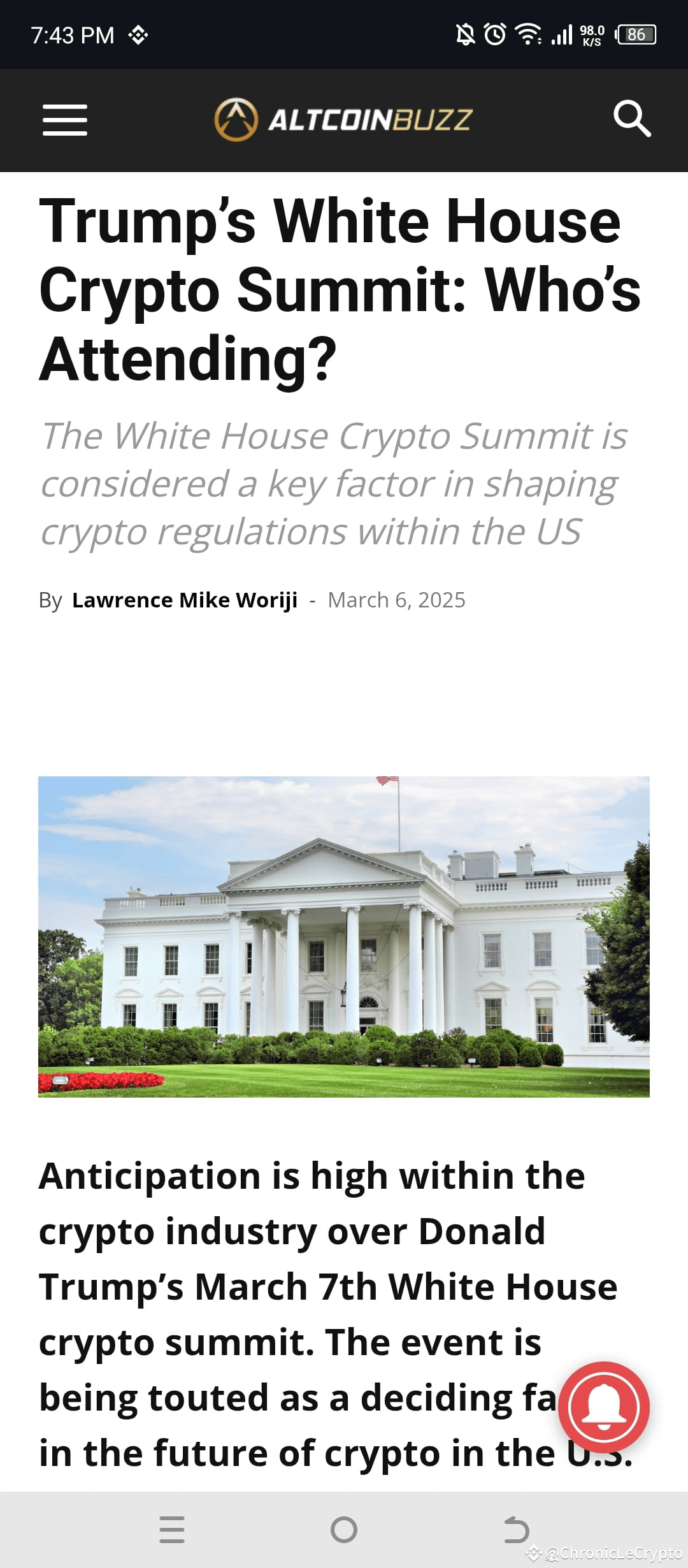 amanhã, sexta-feira, é o Crypto Summit da Casa Branca dos EU |  ChronicLeCrypto no Binance Square