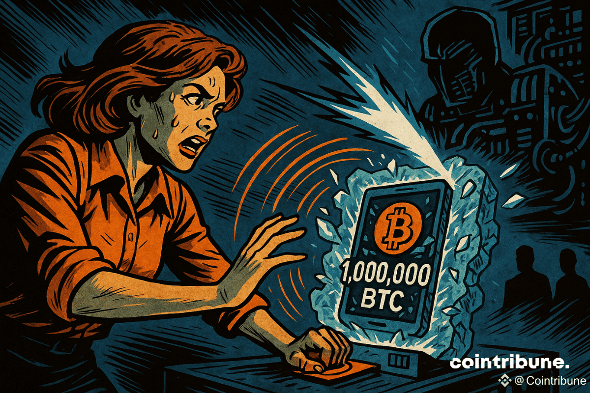 Une machine quantique sur le point de tirer un rayon vers un wallet Bitcoin. Une femme ingénieure en panique, essaye de déployer un champ de force numérique.