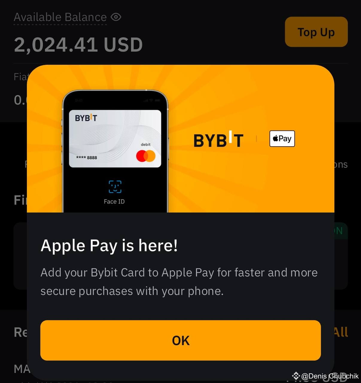 Bybit 卡终于添加了Apple Pay 我有这样一张实体卡（塑料的），但是你们每个人都可以轻松获得一张虚拟| Denis  Chubchik发布于币安广场