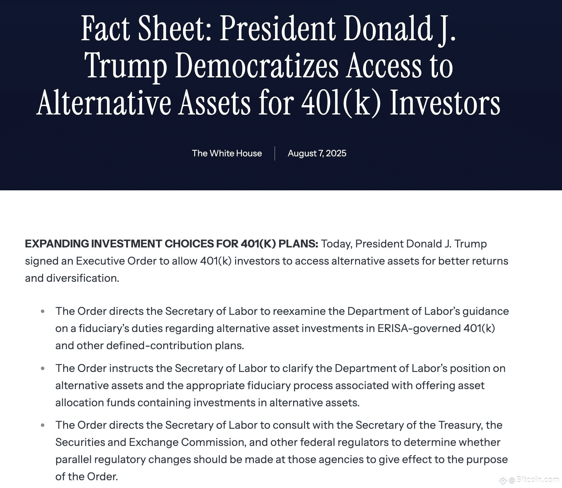 BREAKING: 🇺🇸 President Trump signs order to let 401(k) | Bitcoin.com on  Binance Square