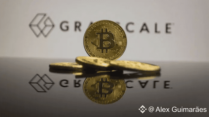 Logotipo da Grayscale com moedas de Bitcoin.