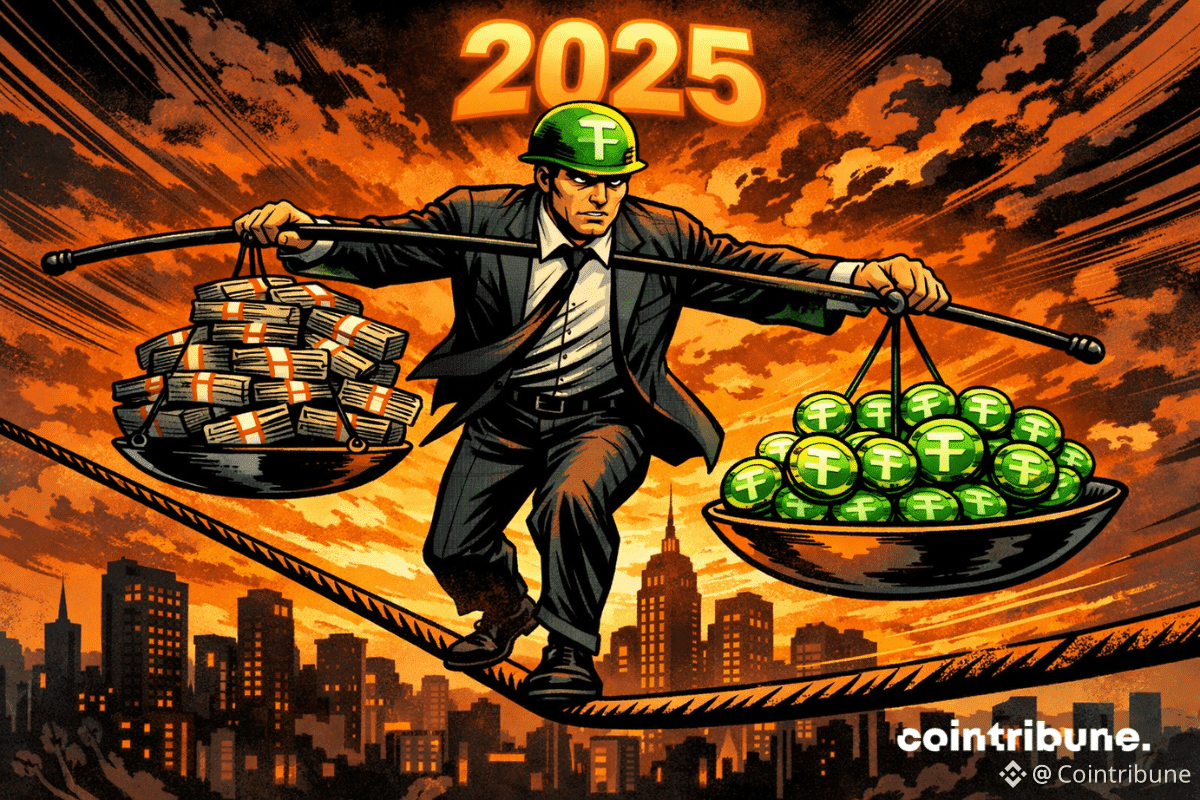 Un acrobate tendu symbolisant Tether équilibre sur un fil au-dessus d’une ville, pesant des bons du Trésor américain face à des jetons USDt en expansion sous un ciel lumineux de 2025.