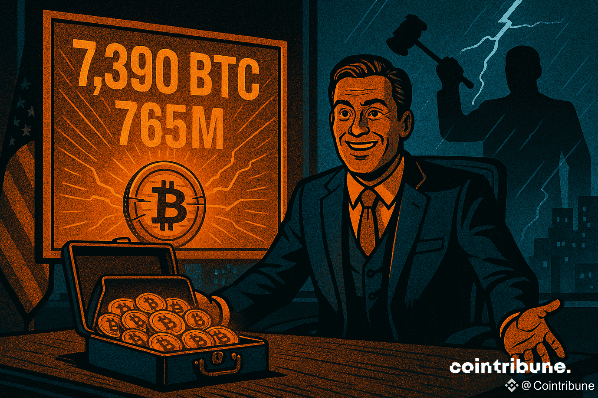PDG d'entreprise affichant sa joie devant un coffre plein de bitcoins et un tableau de statistiques