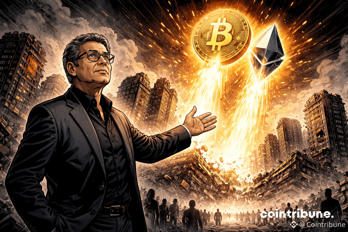 Une figure inspirée d’un analyste ou auteur financier de premier plan (Robert Kiyosaki) se tient au premier plan devant un décor de crise mondiale. Derrière lui, deux actifs dominent visuellement la scène : un grand Bitcoin et un grand Ethereum montent ensemble dans une dynamique ascendante claire. Leur ascension se détache au-dessus d’une skyline financière fissurée, de structures économiques affaiblies et d’un environnement global en rupture.
