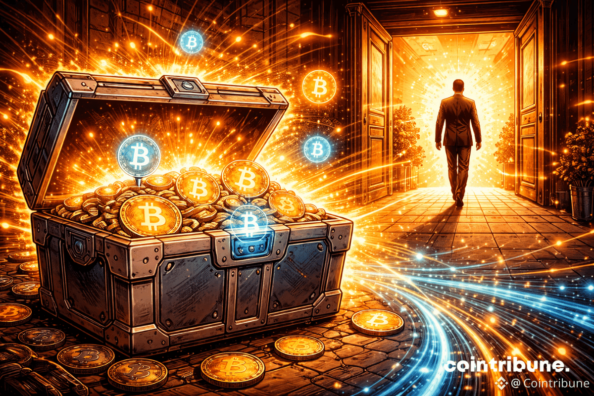 Une silhouette institutionnelle s’éloigne au fond, tandis qu’au premier plan un coffre crypto s’ouvre à nouveau, baigné de lumière, ce qui symbolise l’abandon de la SEC dans l’affaire Gemini Earn.