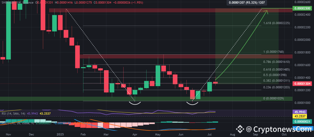 SHIB / USDT 1-week chart, double bottom pattern. Source: TradingView, Binance.