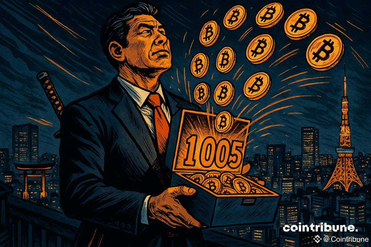 Businessman japonais tenant une boîte remplie de pièces Bitcoin