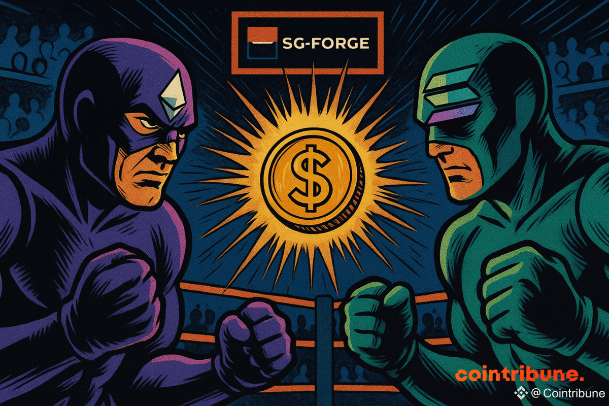 Deux super-héros arborant des combinaisons avec les logos de Solana et Ethereum, au centre se trouve une pièce de dollars avec le logo de SG-FORGE comme fond