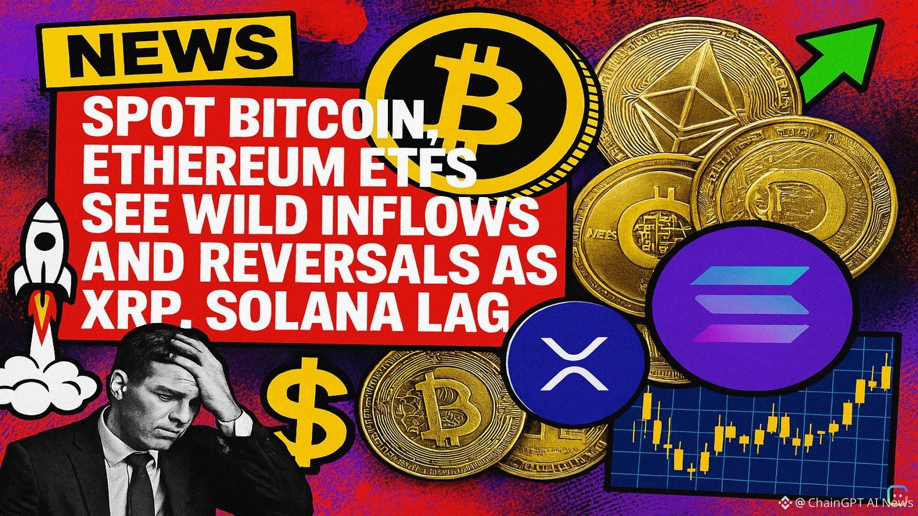 Spot Bitcoin, Ethereum ETFs See Wild Inflows and Reversals As XRP, Solana Lag