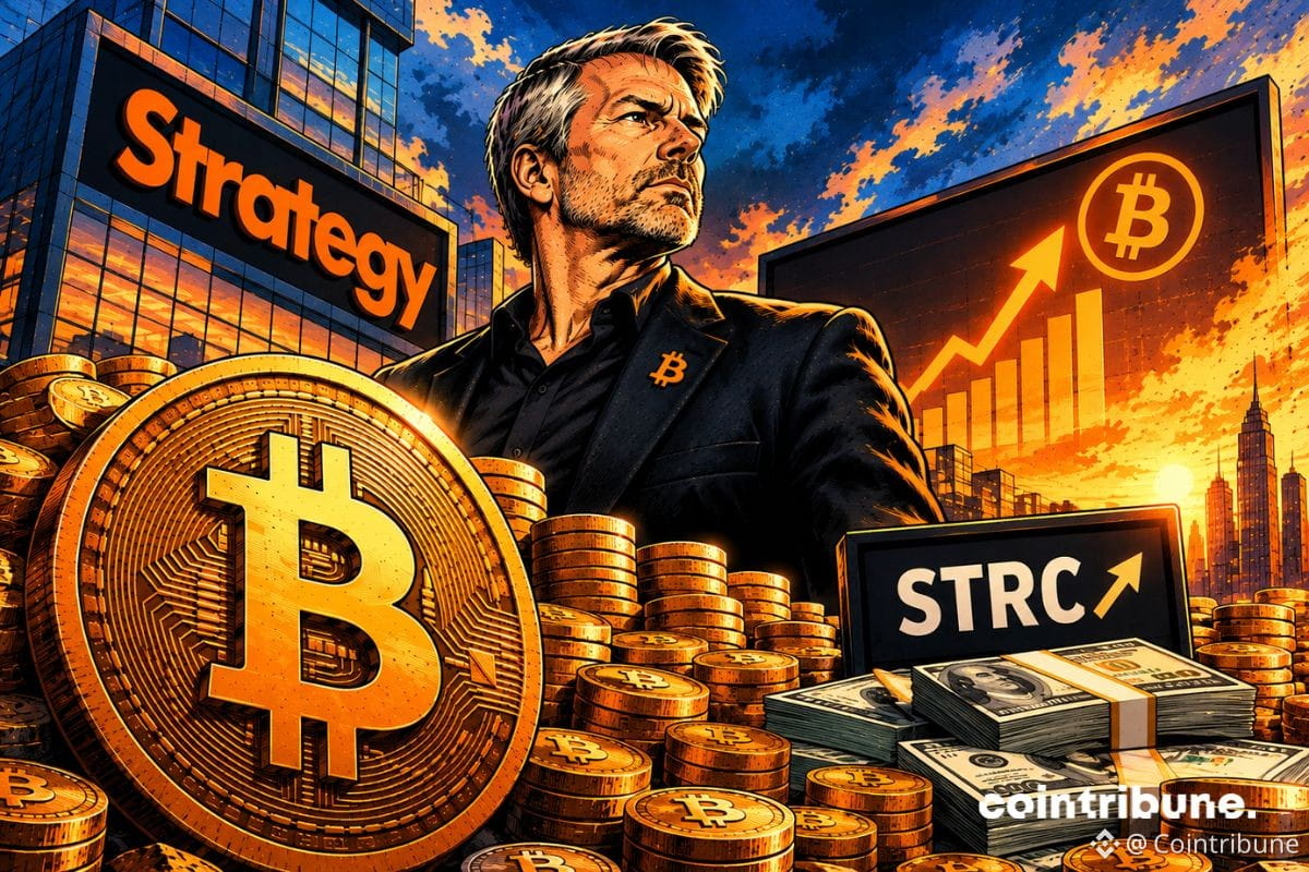 Illustration de Strategy avec un homme en costume, une grande pièce Bitcoin, des piles de cryptomonnaies, des billets et un graphique haussier marqué STRC.