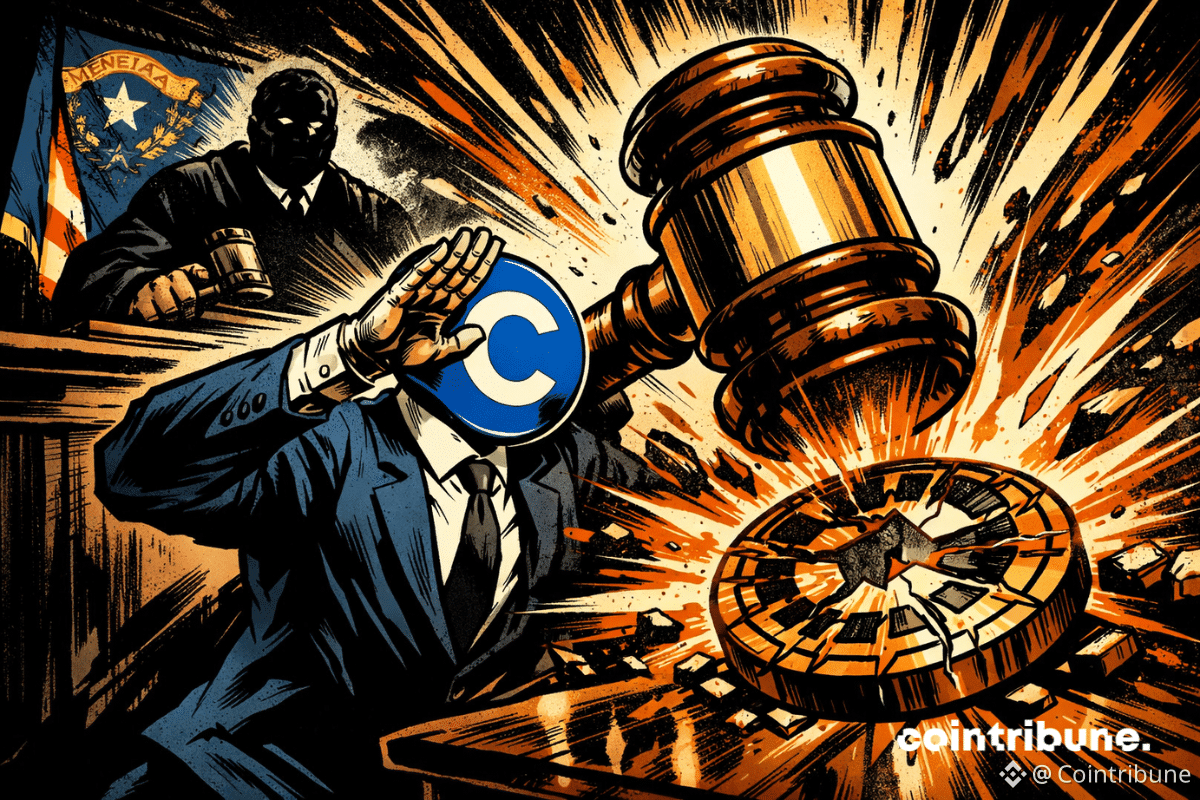 Une scène de tribunal digne d'une bande dessinée montre le marteau d'un juge brisant un symbole crypto fissuré tandis qu'une silhouette en costume représentant Coinbase lève la main en signe de défense au milieu de lignes d'impact orange explosives.