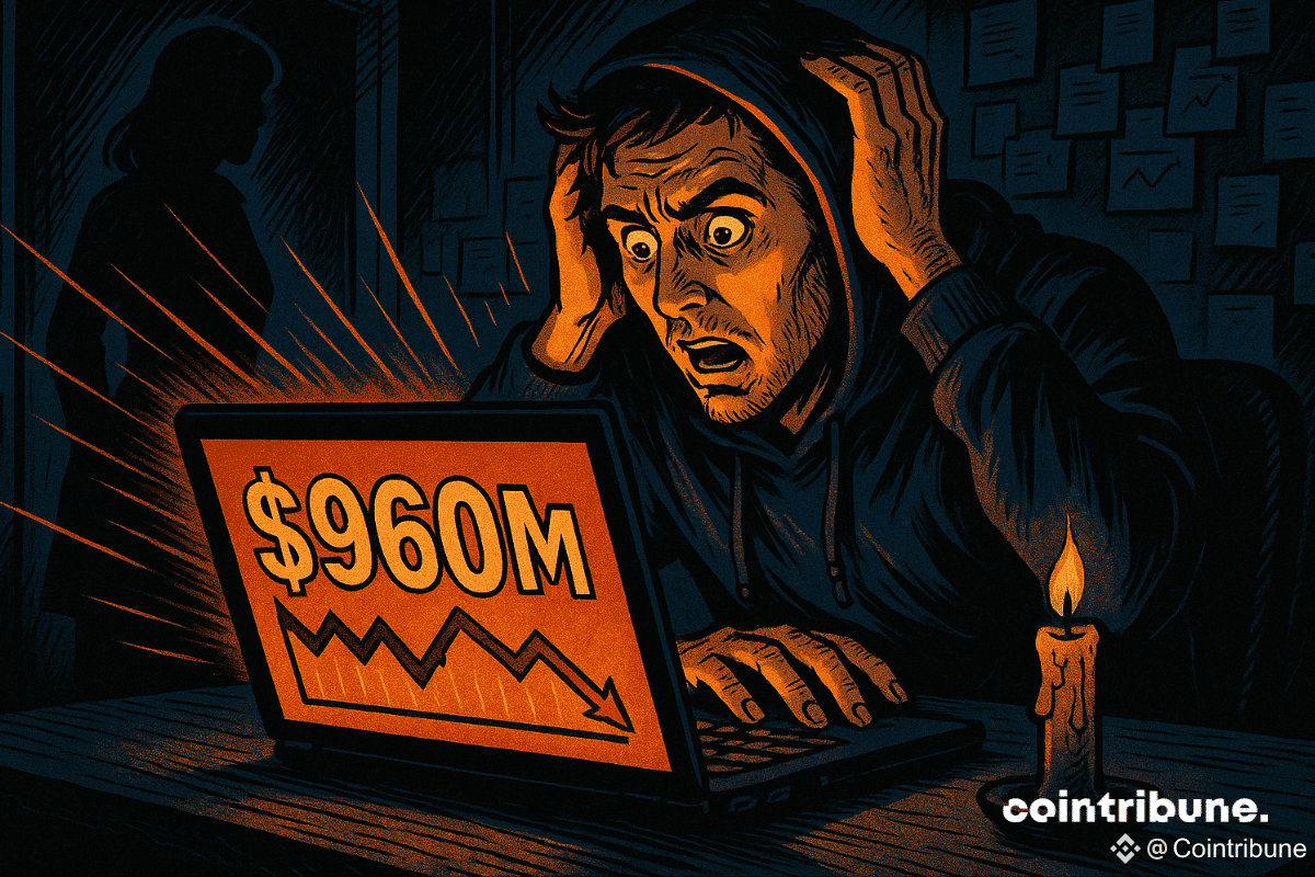Shocked man in hoodie staring at "$960M" PUMP token loss on laptop.