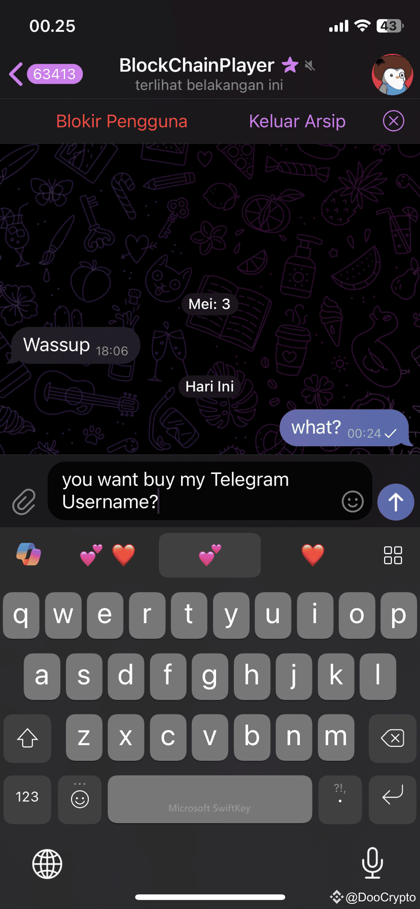 小心现在在TELEGRAM上的最新诈骗模式‼️‼️ 骗子通常会以高价购买你们的Telegram用户名为名。例如，他们会|  DooCrypto发布于币安广场