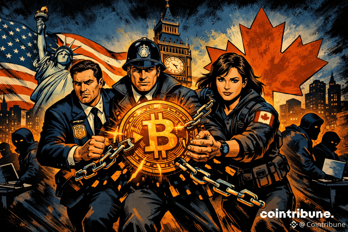 Alliance des États-Unis, Royaume-Uni et Canada brisant des chaînes autour d’une pièce Bitcoin, tandis que des hackers crypto reculent dans l’ombre.