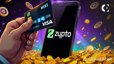 Image showing Pi coins, Zypto app, and Visa card, representing Pi to Visa conversion feature.