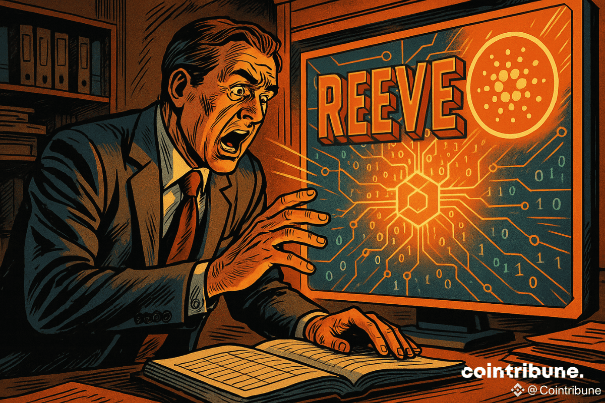 Un comptable stupéfait découvre "REEVE" de Cardano sur un écran blockchain orange, contrastant avec son bureau traditionnel sombre.