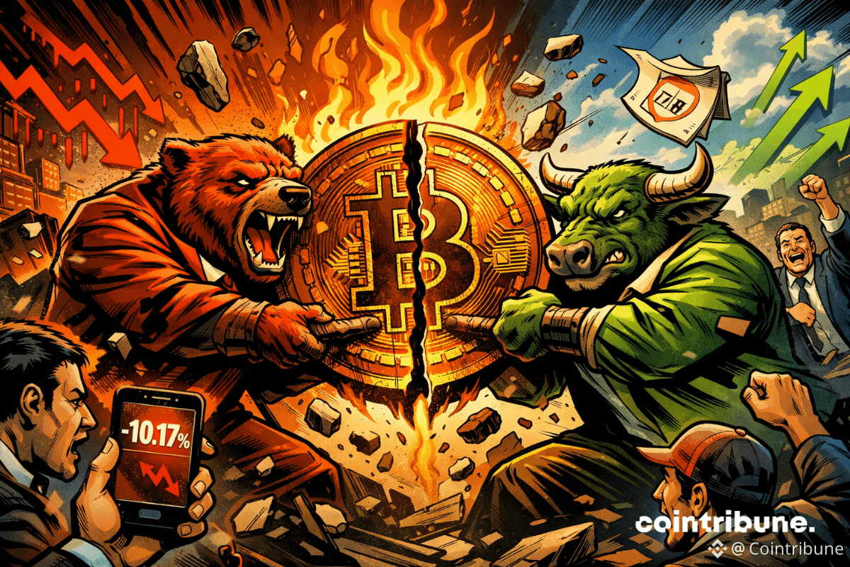 Affrontement haussier et baissier autour d'un Bitcoin en flammes, le marché chutant de 10,17 % dans un climat de chaos.