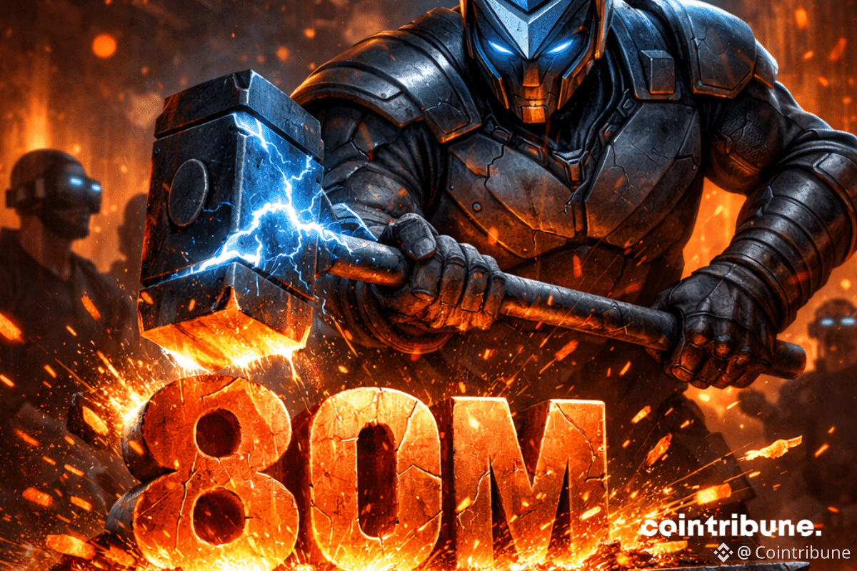 Un forgeron cybernétique frappant une plaque en fusion marquée "80M" avec un marteau électrique, dans une forge futuriste baignée de lueurs orange et bleues, symbolisant l’augmentation de la limite de gaz sur Ethereum.