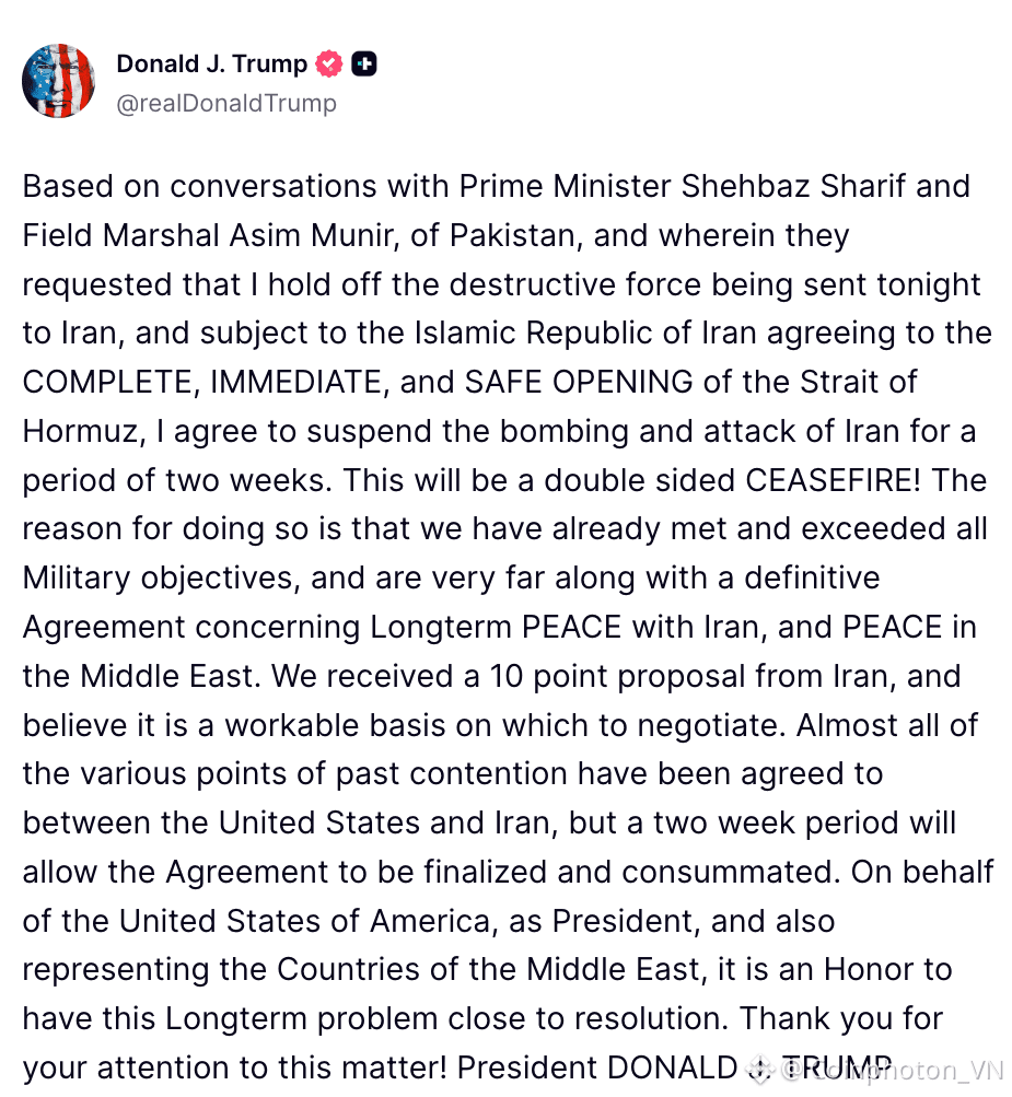 Biểu đồ giá Bitcoin (BTC) tăng vọt sau thông báo ngừng bắn giữa Mỹ và Iran