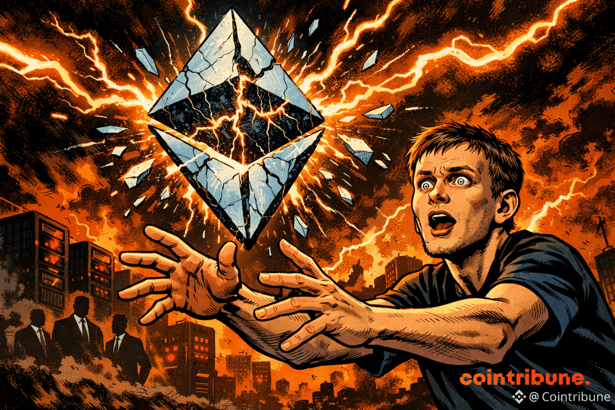 Buterin tend les bras vers un logo Ethereum fissuré, entouré d’éclairs, dans une scène chaotique et apocalyptique.