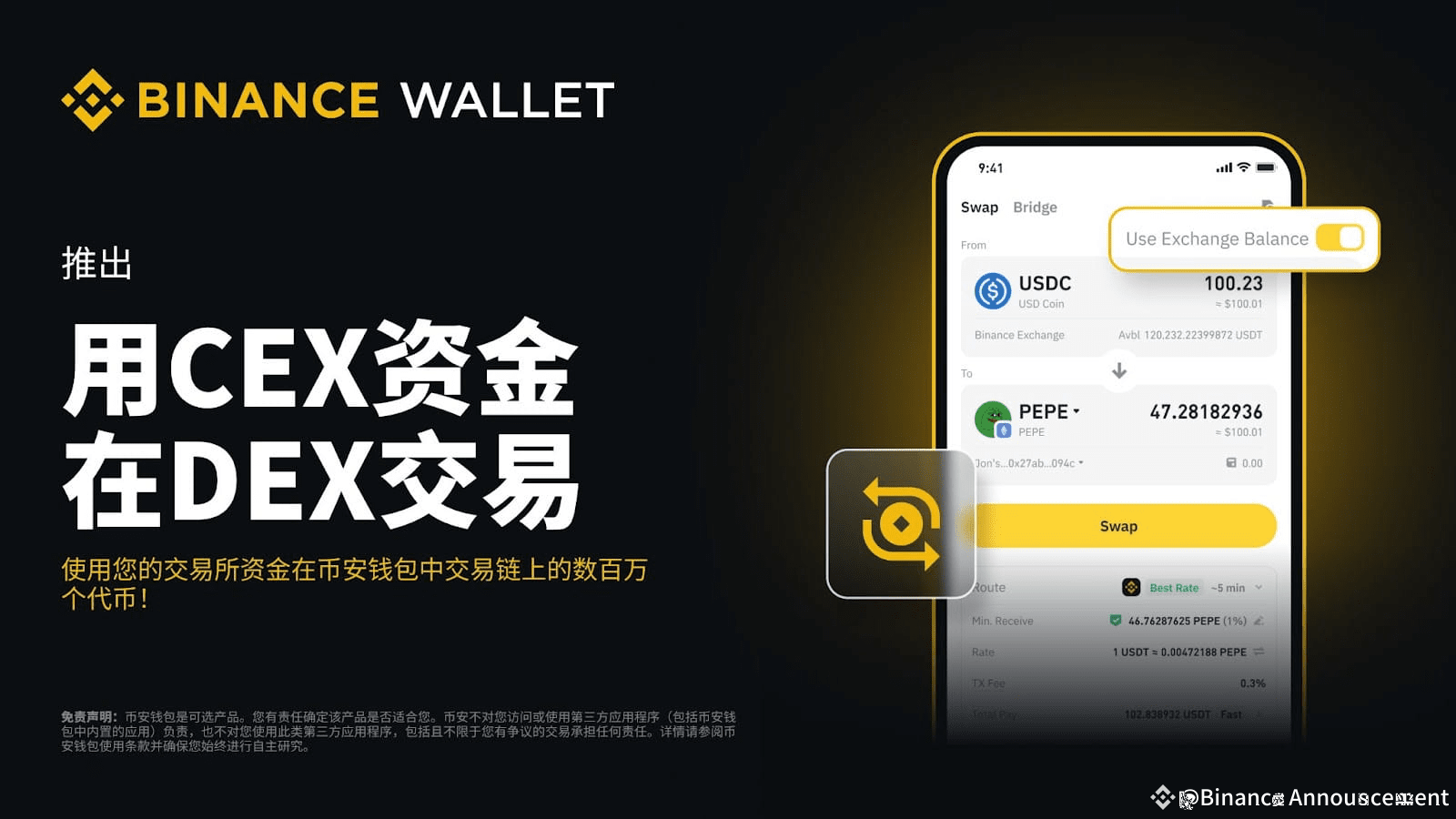 新功能上线：使用您的交易平台资金在币安钱包交易，参与独家Bedrock（BR）代币空投活动！ | Binance Announcement发布于币安广场