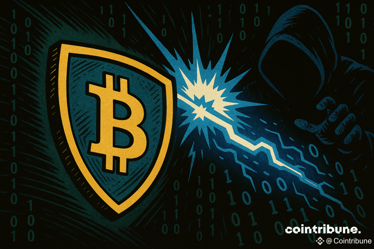 Un bouclier imposant en forme d’écu, orné du symbole emblématique du Bitcoin en orange et noir, occupe le tiers gauche de la composition. Il fait face à une attaque violente : un rayon d’énergie bleuté, stylisé comme une décharge quantique, jaillit d’une main tendue appartenant à une silhouette encapuchonnée, inquiétante et sans visage, entièrement noyée dans l’ombre. Le fond est saturé de chiffres binaires verts (0 et 1) flottant dans l’espace numérique, créant une atmosphère technologique oppressante. Le choc entre le rayon et le bouclier génère une explosion lumineuse au centre de l’image, accentuée par des lignes de mouvement dynamiques et des ombres dramatiques dans un style comics des années 70. La scène évoque la défense symbolique du Bitcoin face à la menace invisible de l’ordinateur quantique, dans une ambiance de cyberattaque imminente, teintée d’urgence et de tension digitale