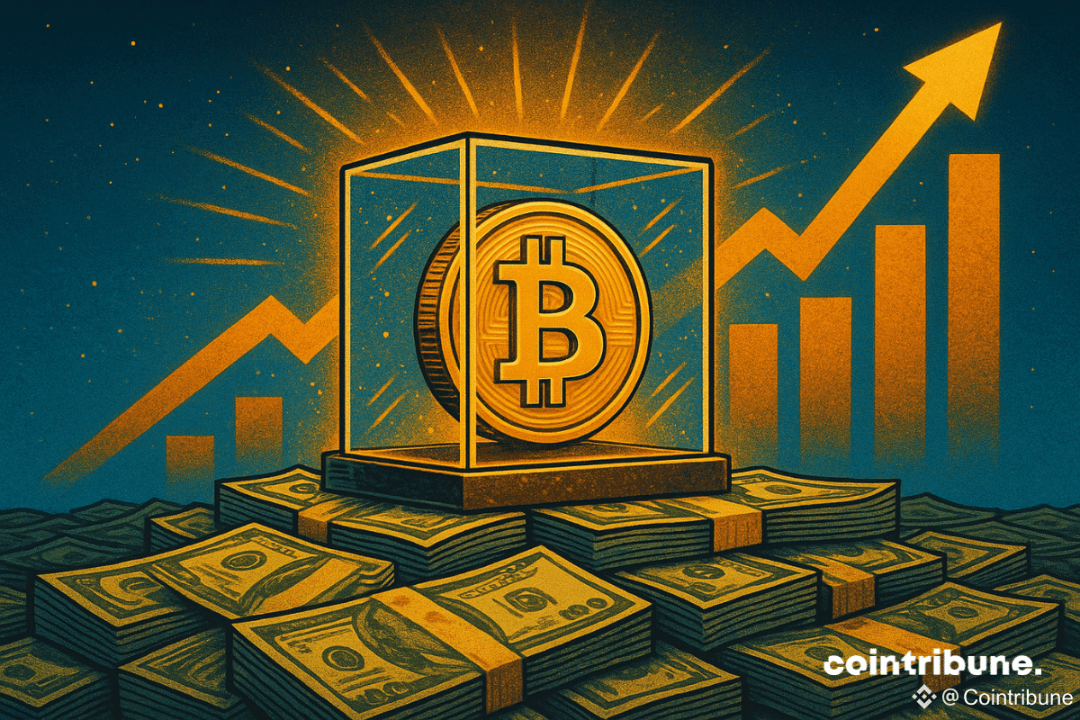 A golden Bitcoin coin displayed in a glass case, surrounded by stacks of U.S. dollars and an upward-trending chart in the background, symbolizing Bitcoin ETF inflows and rising demand.