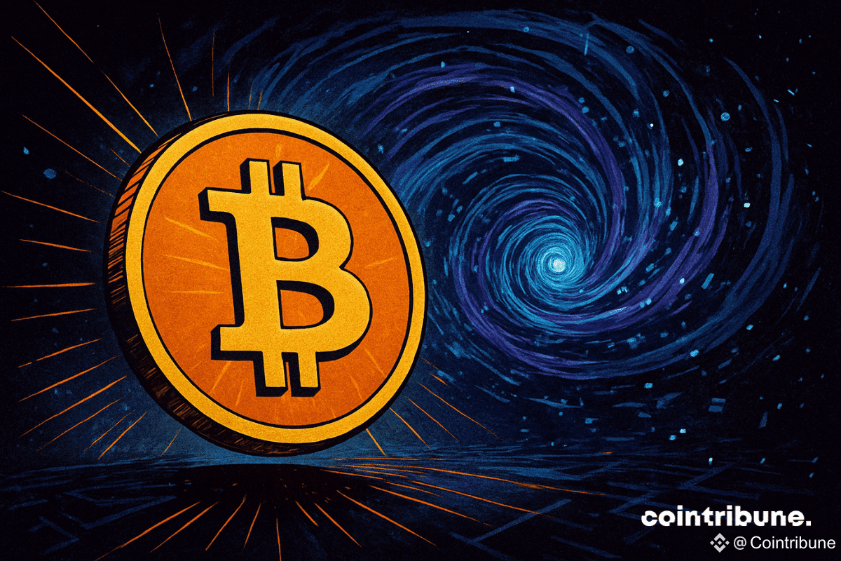 Une pièce Bitcoin lumineuse flotte au premier plan, irradiant des rayons orange éclatants, tandis qu’un vortex quantique bleu-violet tourbillonne en arrière-plan, créant une atmosphère de tension et de menace technologique.