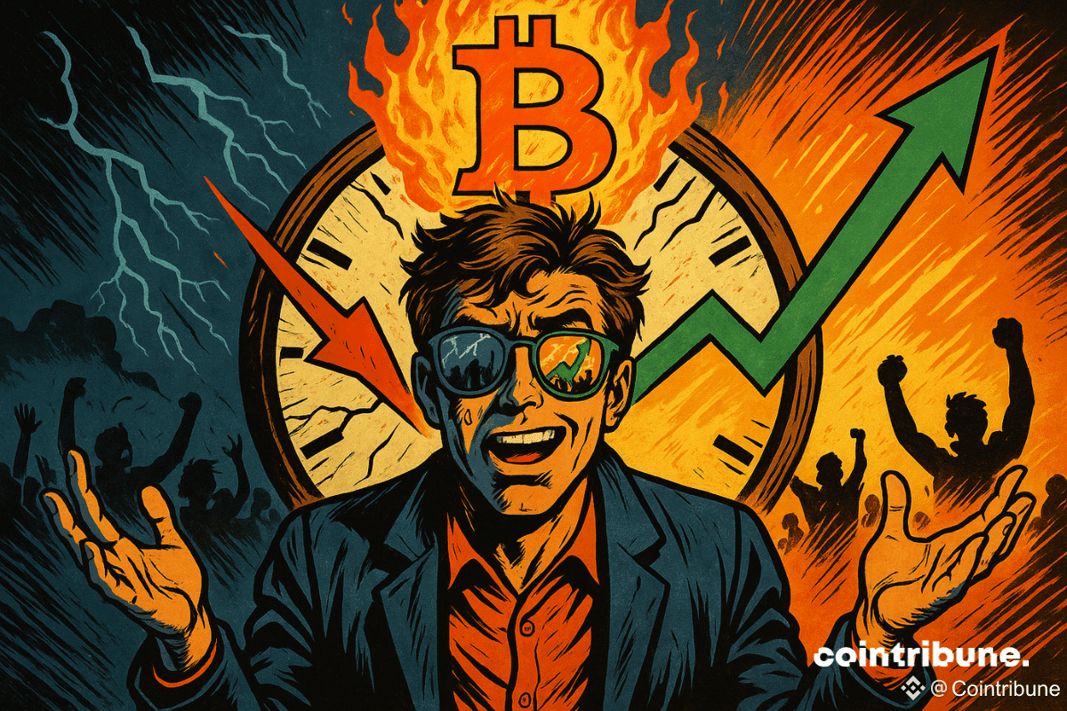 A man in a suit stands before a cracked clock split by rising and falling arrows, with a flaming Bitcoin above and contrasting scenes of panic and celebration reflected in his sunglasses.