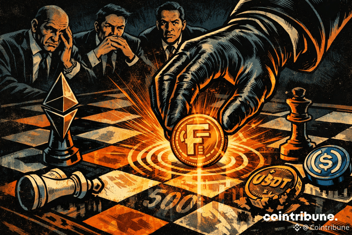 Main gantée posant un jeton FIDD sur un échiquier Ethereum