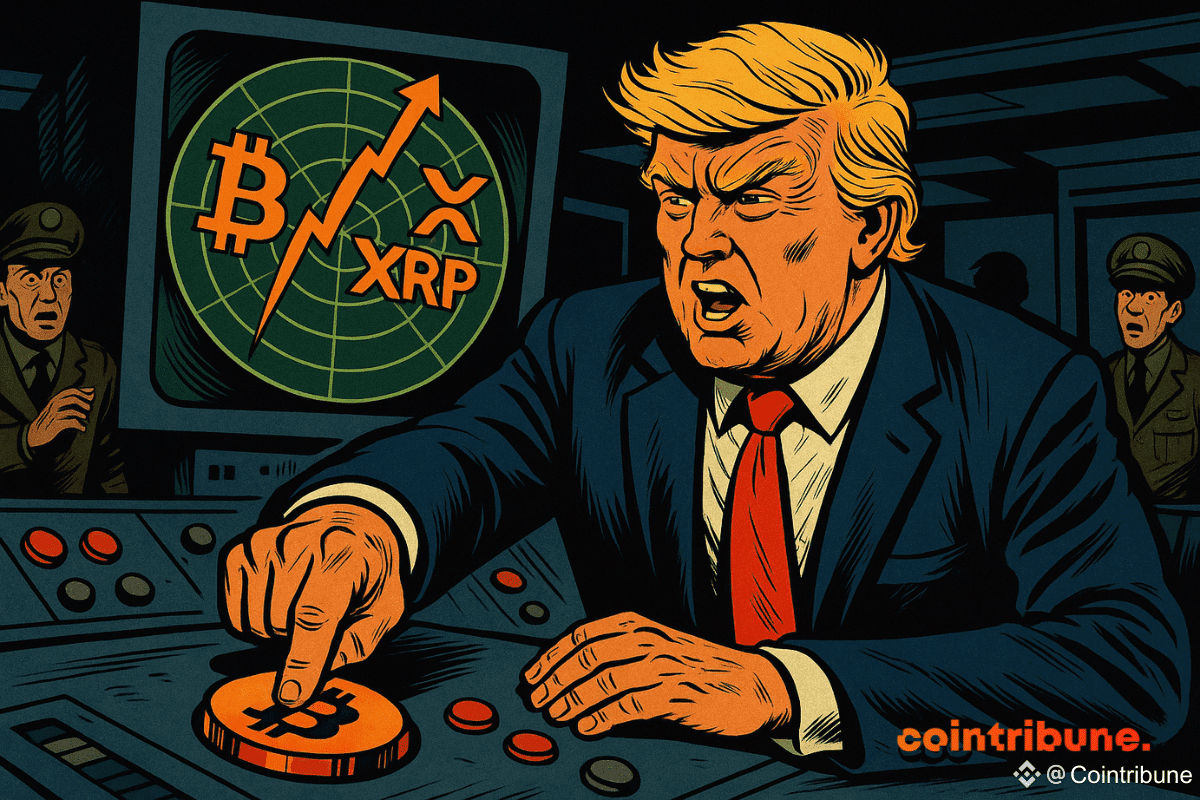 Donald Trump appuie sur un gros bouton Bitcoin dans une salle de commandement, tandis qu’un radar montre la hausse soudaine de Bitcoin, XRP et Ethereum.