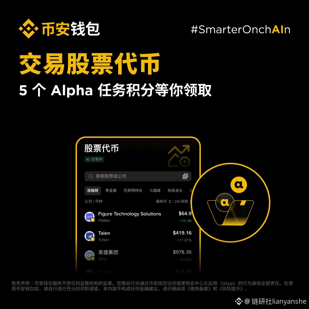 币安给股票交易也上强度了，最低磨损大概0.2～0.5U 撸5 积分入口在【钱包首页】->【股票代币】 选择任意| 链研社 lianyanshe发布于币安广场
