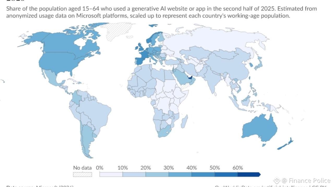 Map of the estimated share of working‑age adults who used generative AI (second half of 2025).