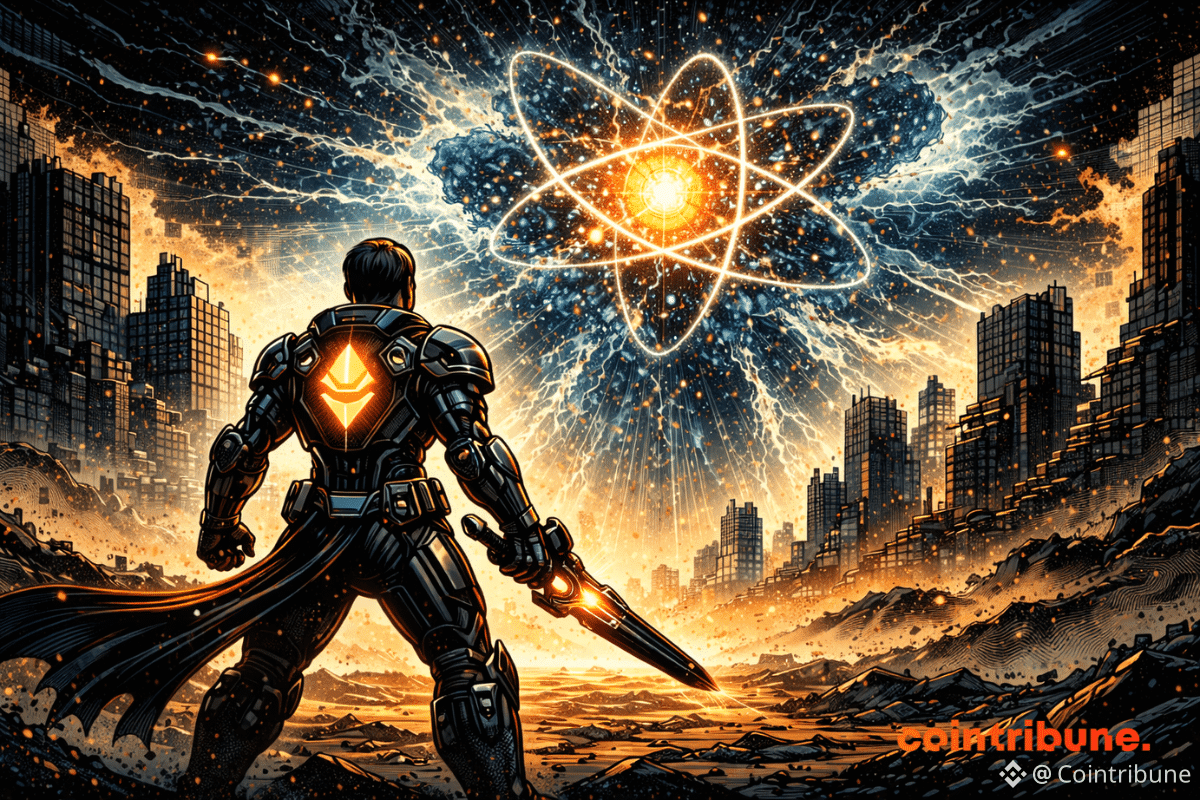 Un guerrier Ethereum fait face à une entité quantique menaçante, dans une ville en ruines sous un ciel fracturé.