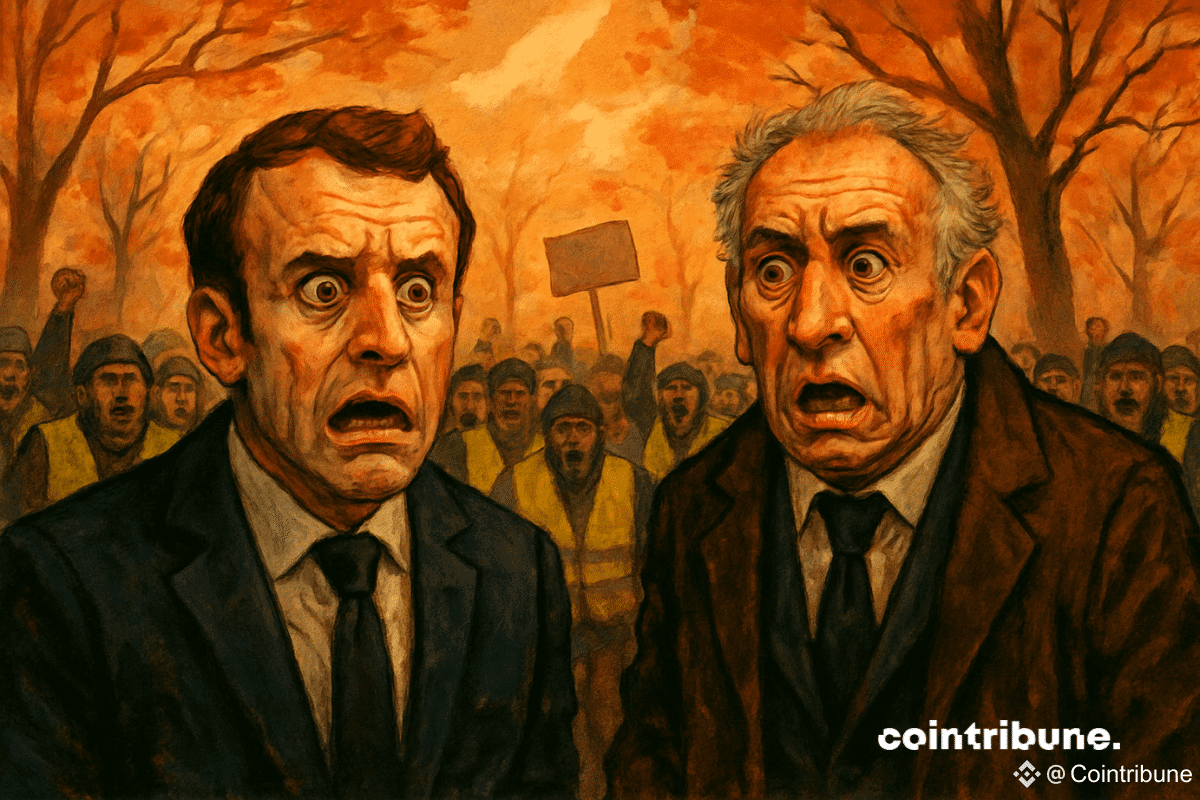 Emmanuel Macron et François Bayrou, visages terrifiés, devant une foule de manifestants des Gilets Jaunes en automne