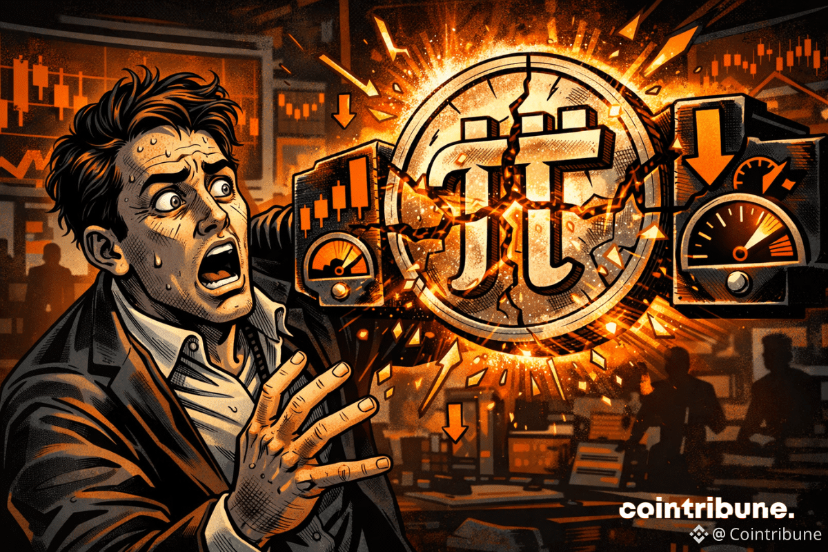 Investisseur paniqué face à un Pi Coin fissuré, écrasé par des signaux baissiers, dans une salle de marché sombre et explosive.