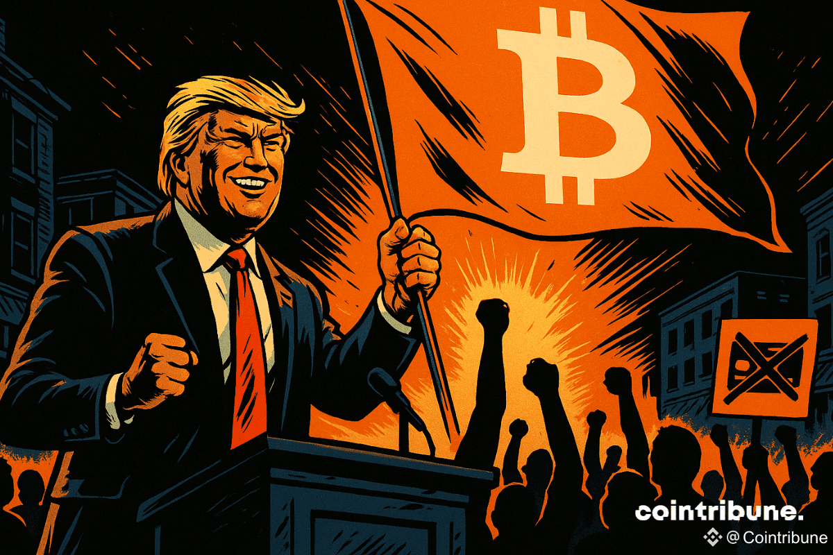 Trump avec le drapeau Bitcoin, les banques barricadées derrière.