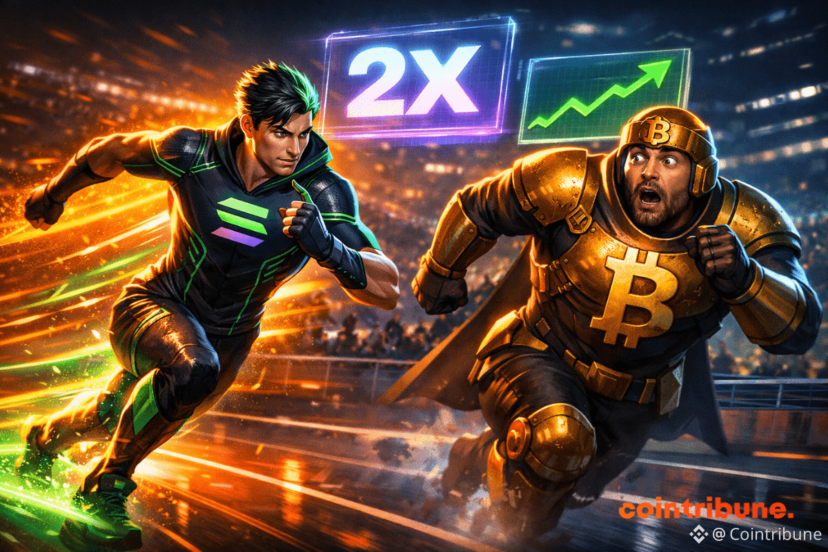 Solana dépasse Bitcoin dans une course futuriste, symbolisant une montée fulgurante avec l'indicateur "2X" en évidence.
