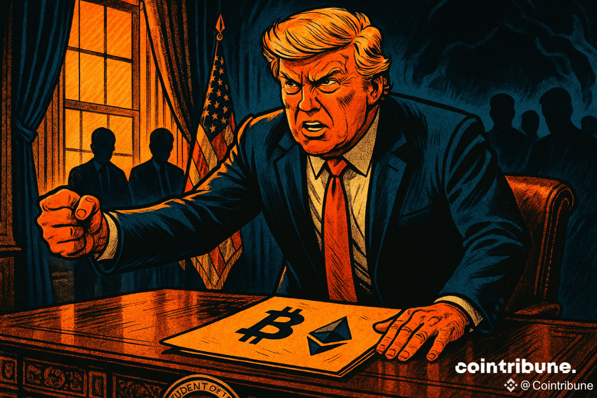 Donald Trump, furieux mais déterminé, frappe du poing sur le bureau ovale, dossier crypto en main. Silhouettes mystérieuses en arrière-plan, tension dramatique autour des lois sur les cryptomonnaies. Demander à ChatGPT