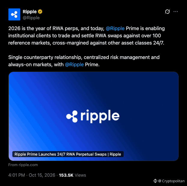 Virtu trades 24/7 RWA swaps on Ripple Prime across 100+ markets.