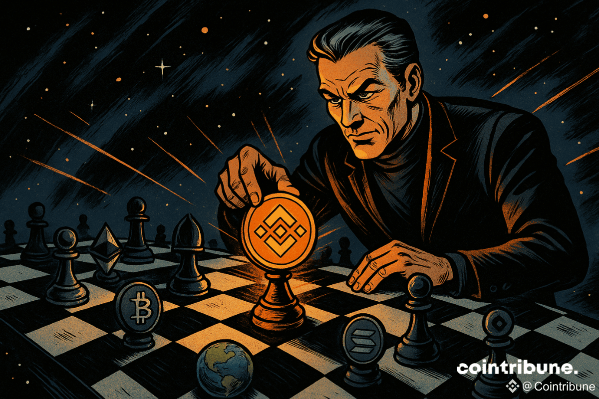 Un stratège crypto joue une pièce BNB sur un échiquier spatial