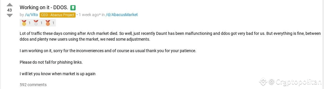 Largest Bitcoin darknet marketplace goes offline in a possible exit scam.